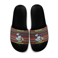 Funny Unicorn Workout Slide Sandals with Squat Like No Tomorrow Quote and Rainbow Tribal - Wonder Print Shop