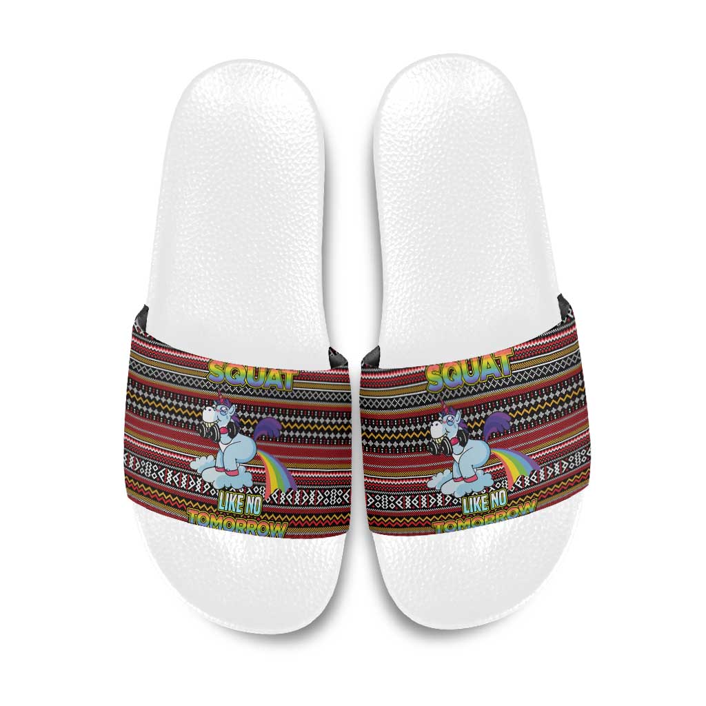Funny Unicorn Workout Slide Sandals with Squat Like No Tomorrow Quote and Rainbow Tribal - Wonder Print Shop