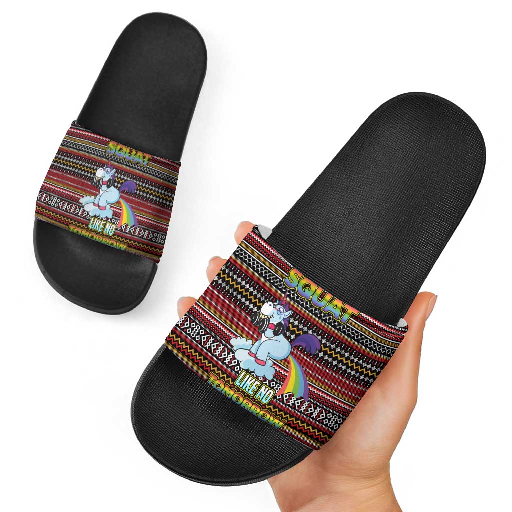 Funny Unicorn Workout Slide Sandals with Squat Like No Tomorrow Quote and Rainbow Tribal - Wonder Print Shop