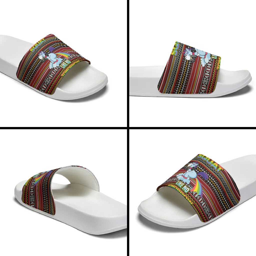 Funny Unicorn Workout Slide Sandals with Squat Like No Tomorrow Quote and Rainbow Tribal - Wonder Print Shop