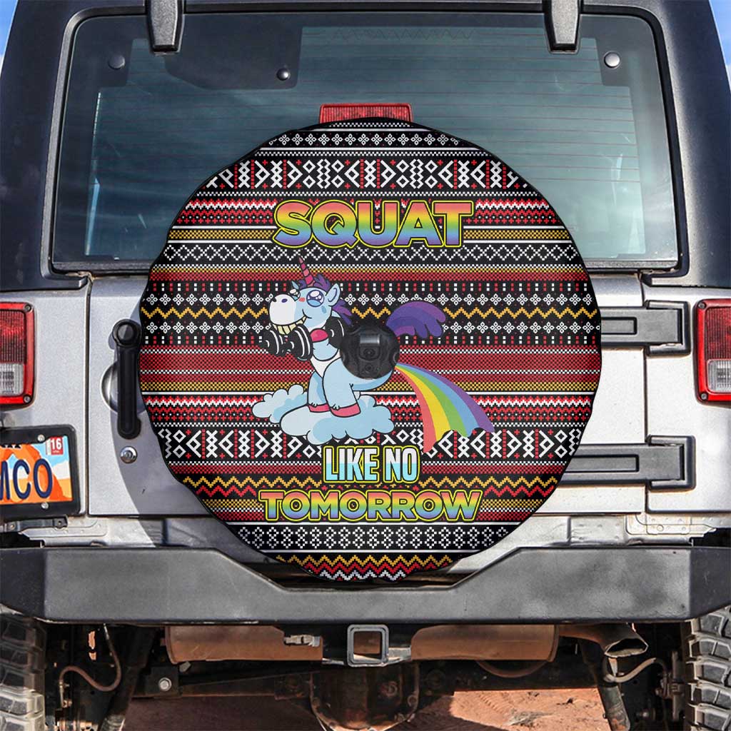 Funny Unicorn Workout Spare Tire Cover with Squat Like No Tomorrow Quote and Rainbow Tribal - Wonder Print Shop