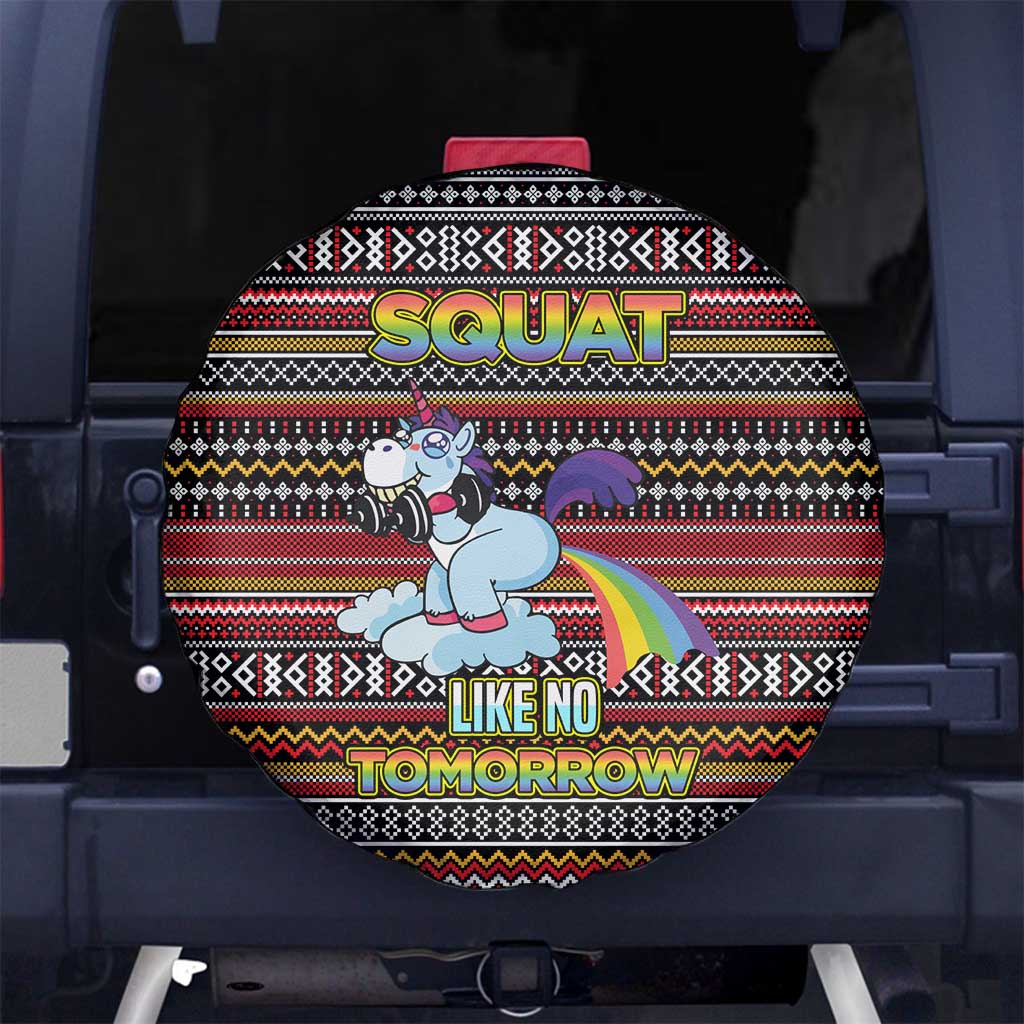 Funny Unicorn Workout Spare Tire Cover with Squat Like No Tomorrow Quote and Rainbow Tribal - Wonder Print Shop