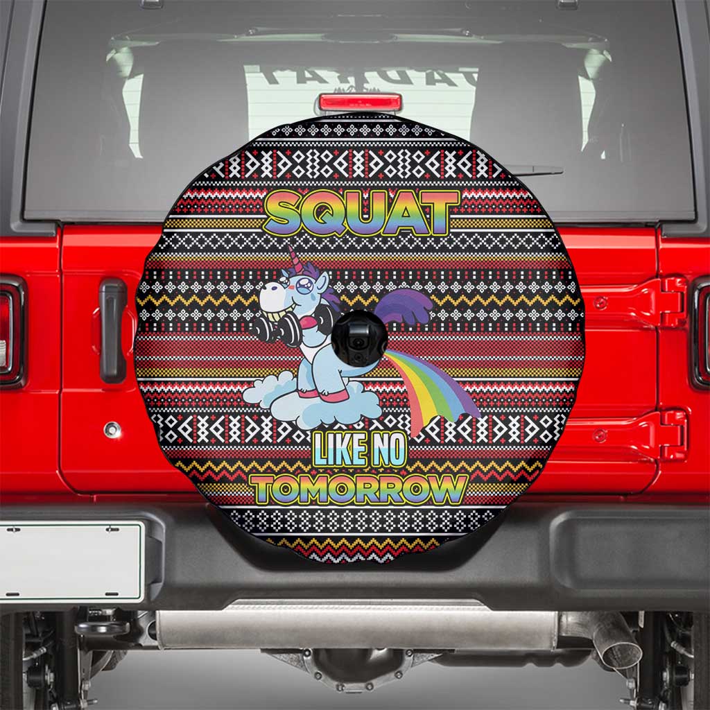 Funny Unicorn Workout Spare Tire Cover with Squat Like No Tomorrow Quote and Rainbow Tribal - Wonder Print Shop