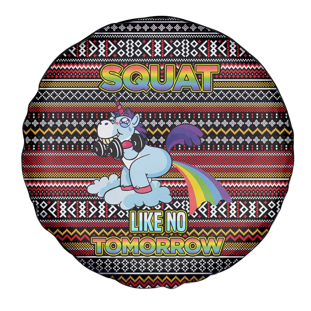 Funny Unicorn Workout Spare Tire Cover with Squat Like No Tomorrow Quote and Rainbow Tribal - Wonder Print Shop