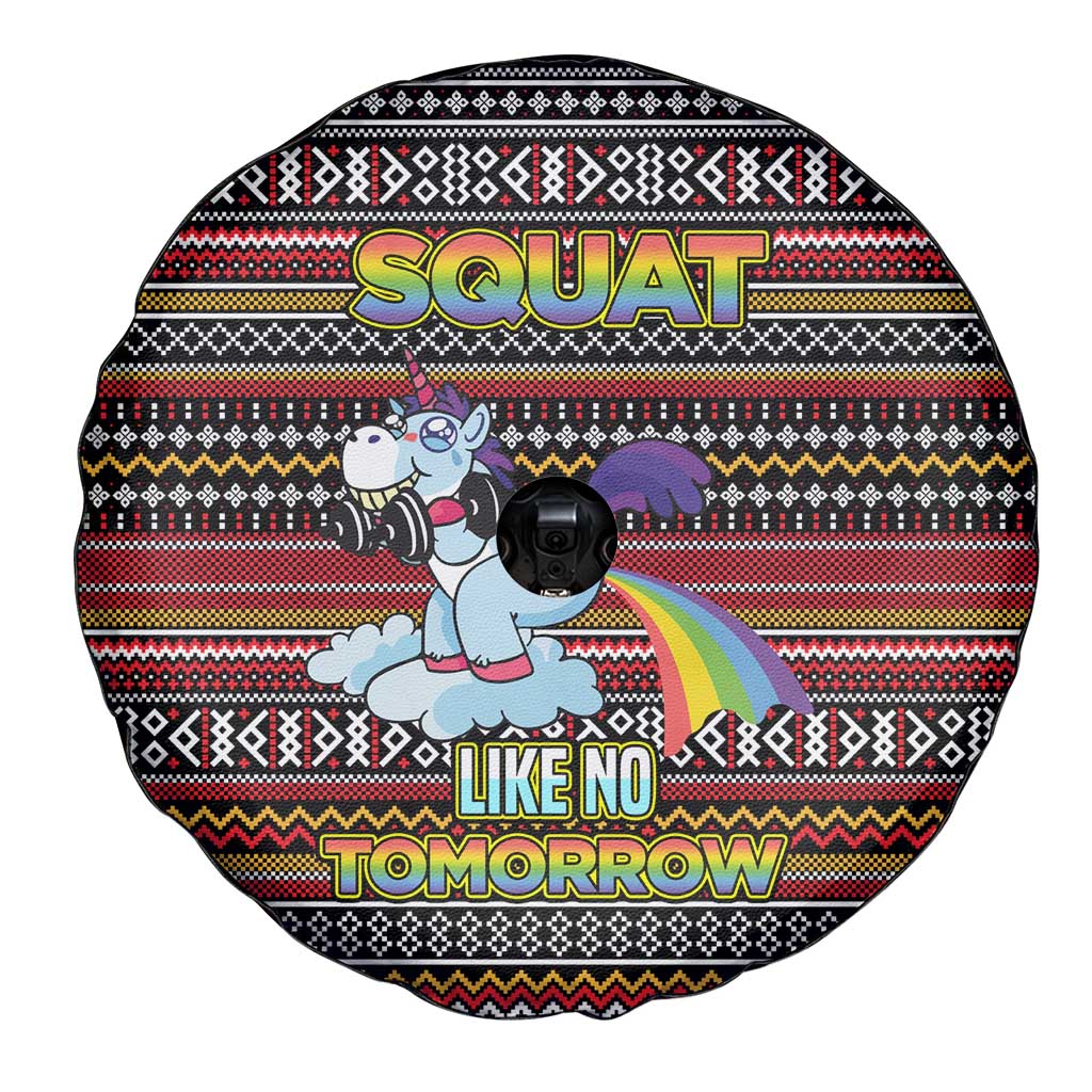 Funny Unicorn Workout Spare Tire Cover with Squat Like No Tomorrow Quote and Rainbow Tribal - Wonder Print Shop