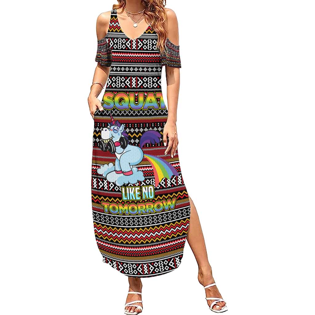 Funny Unicorn Workout Summer Maxi Dress with Squat Like No Tomorrow Quote and Rainbow Tribal - Wonder Print Shop