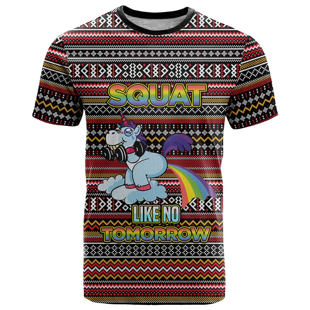 Funny Unicorn Workout T Shirt with Squat Like No Tomorrow Quote and Rainbow Tribal - Wonder Print Shop