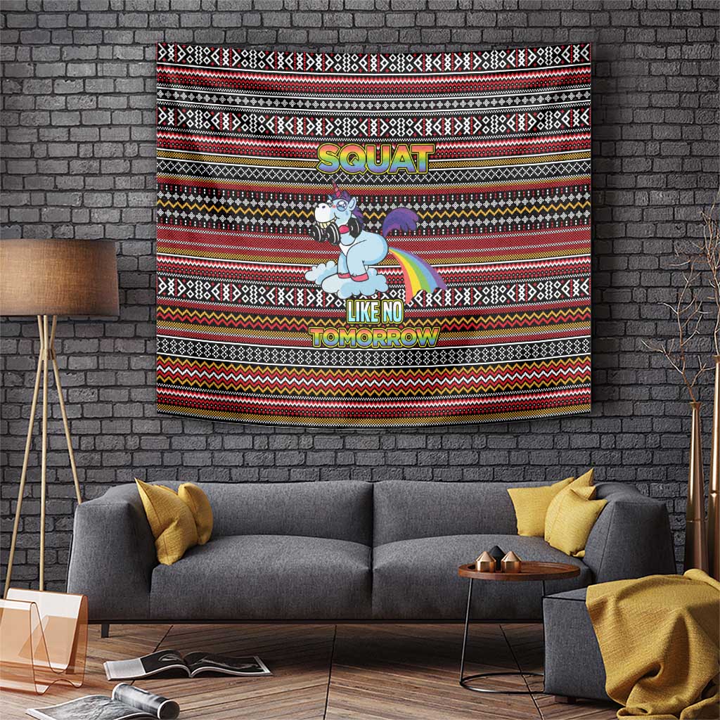 Funny Unicorn Workout Tapestry with Squat Like No Tomorrow Quote and Rainbow Tribal - Wonder Print Shop