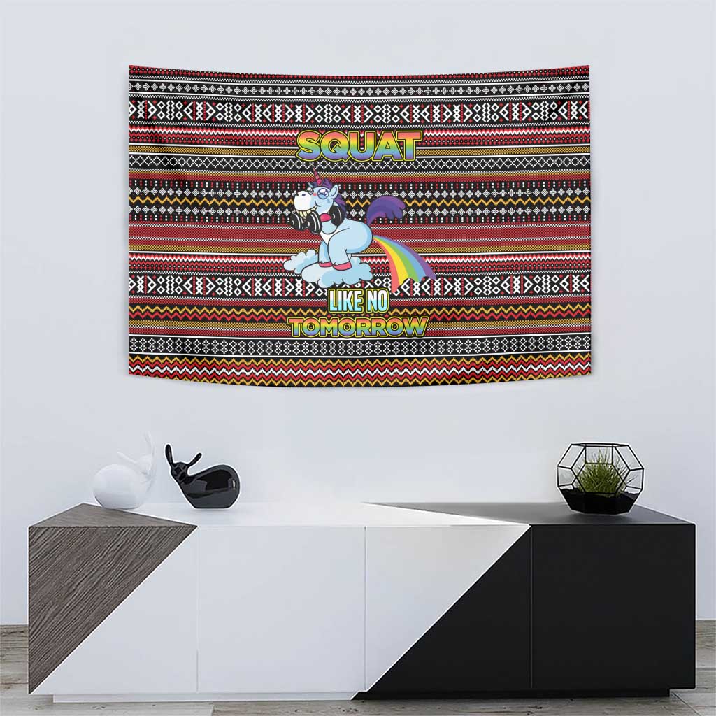 Funny Unicorn Workout Tapestry with Squat Like No Tomorrow Quote and Rainbow Tribal - Wonder Print Shop