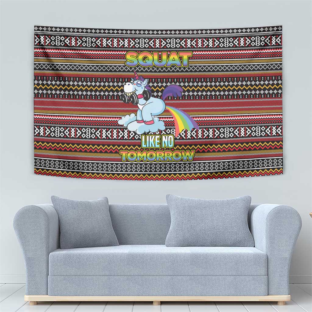 Funny Unicorn Workout Tapestry with Squat Like No Tomorrow Quote and Rainbow Tribal - Wonder Print Shop