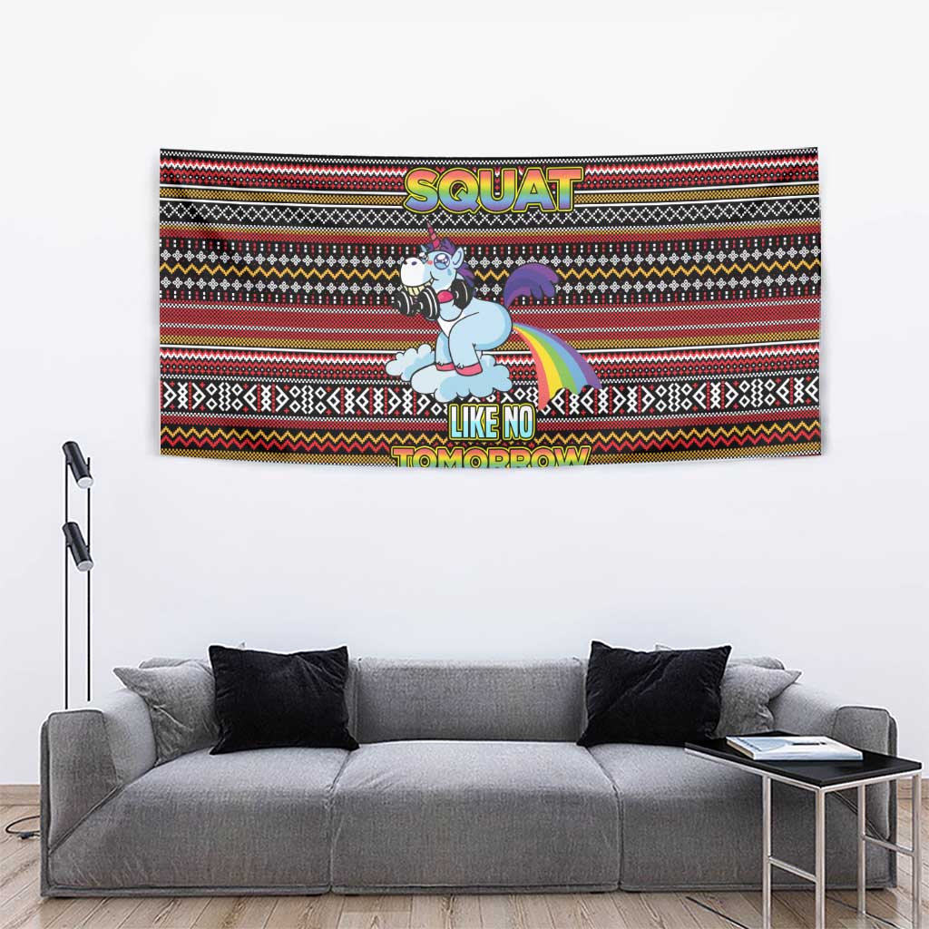 Funny Unicorn Workout Tapestry with Squat Like No Tomorrow Quote and Rainbow Tribal - Wonder Print Shop