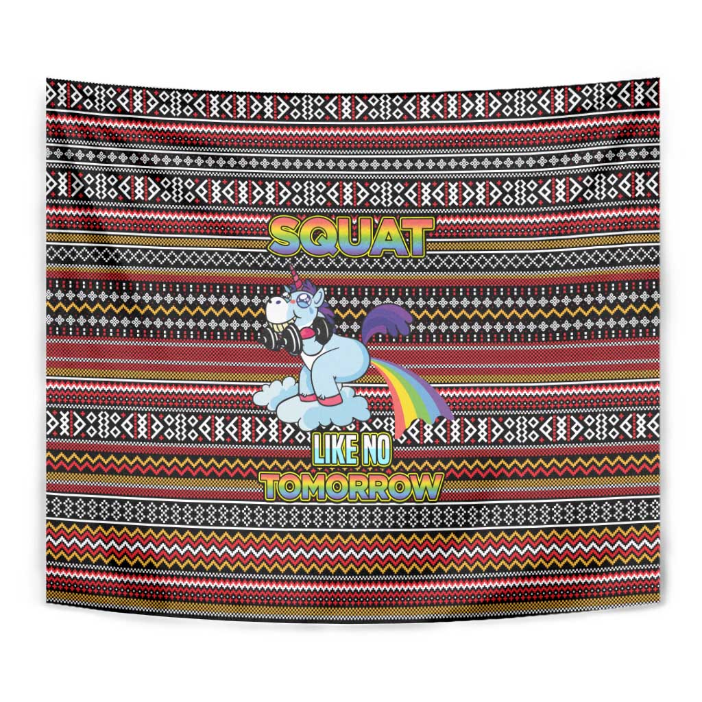 Funny Unicorn Workout Tapestry with Squat Like No Tomorrow Quote and Rainbow Tribal - Wonder Print Shop
