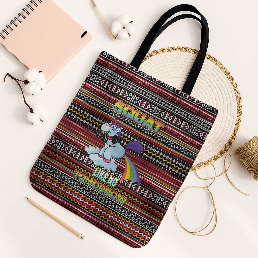 Funny Unicorn Workout Tote Bag with Squat Like No Tomorrow Quote and Rainbow Tribal - Wonder Print Shop