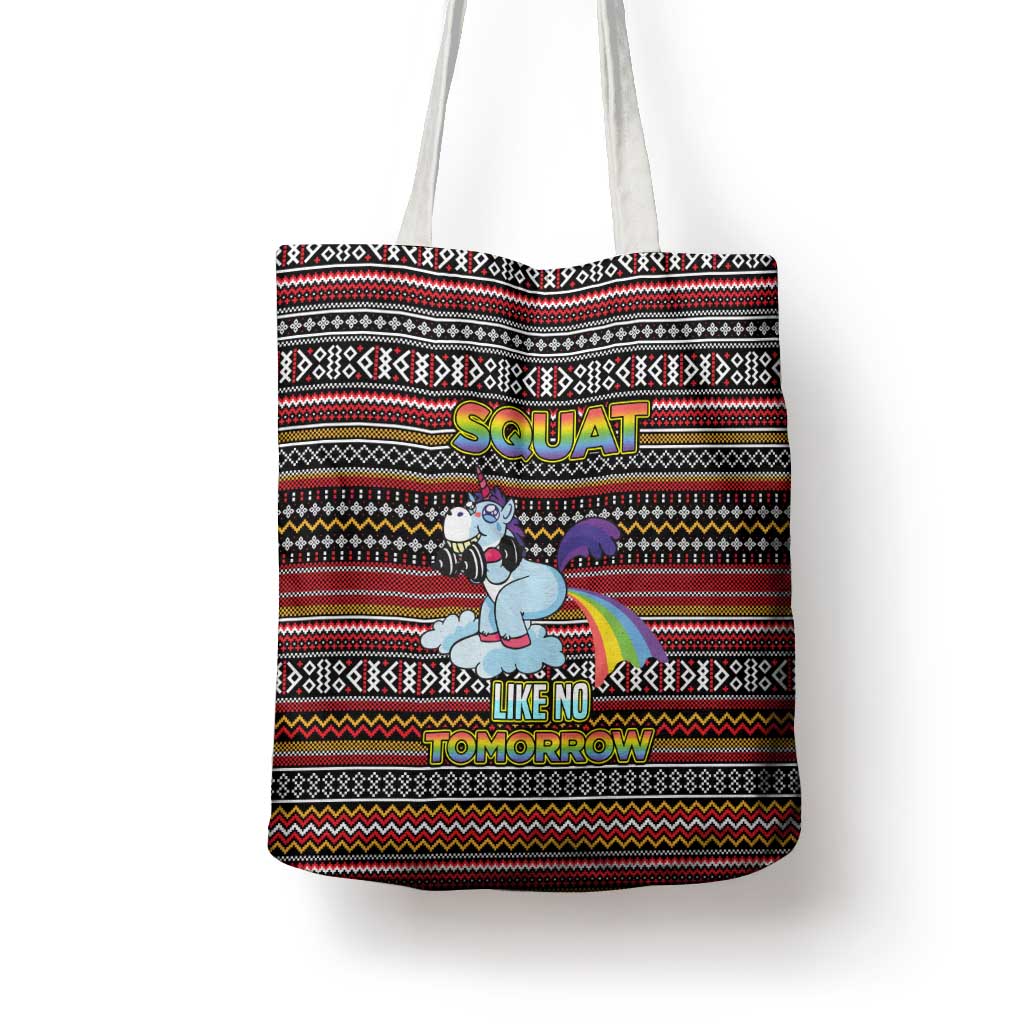 Funny Unicorn Workout Tote Bag with Squat Like No Tomorrow Quote and Rainbow Tribal - Wonder Print Shop