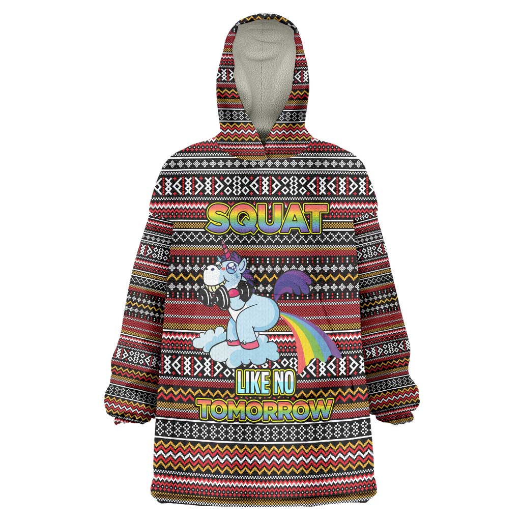 Funny Unicorn Workout Wearable Blanket Hoodie with Squat Like No Tomorrow Quote and Rainbow Tribal - Wonder Print Shop