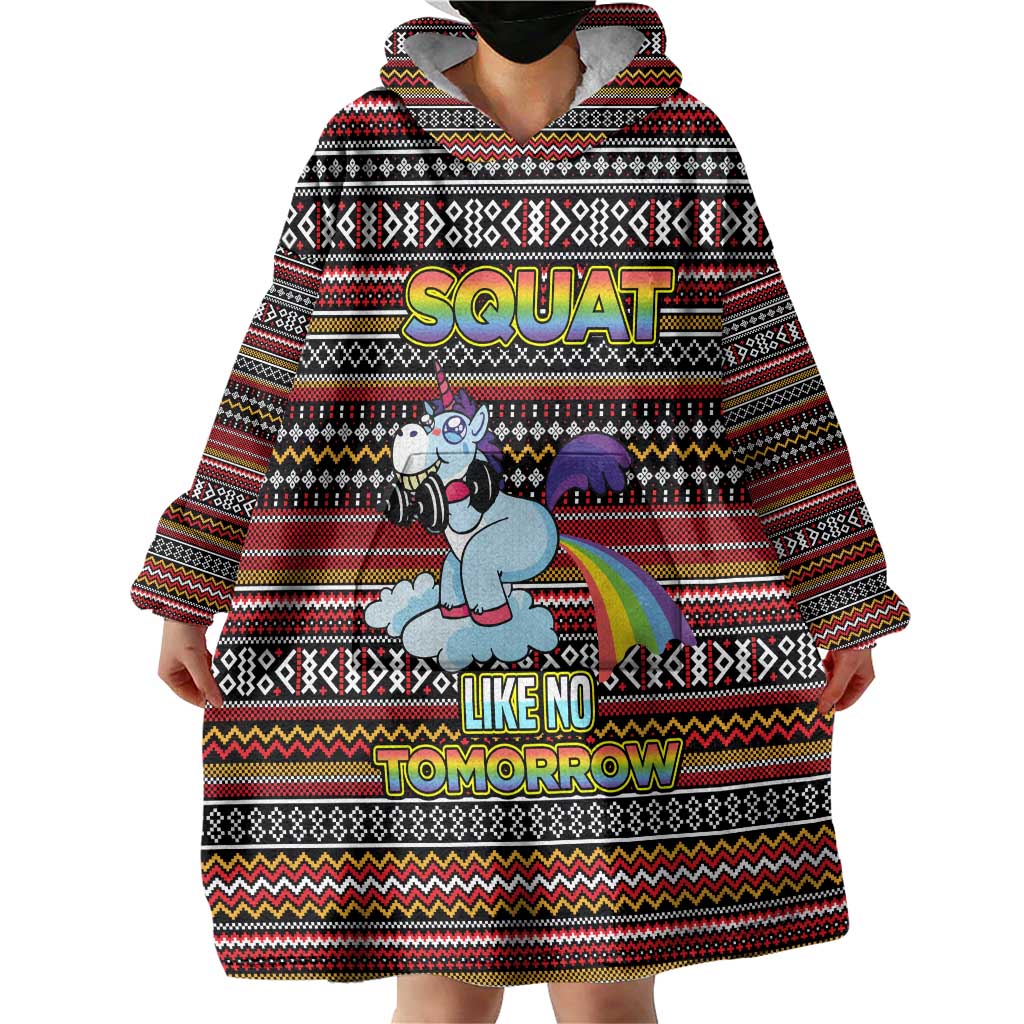Funny Unicorn Workout Wearable Blanket Hoodie with Squat Like No Tomorrow Quote and Rainbow Tribal - Wonder Print Shop