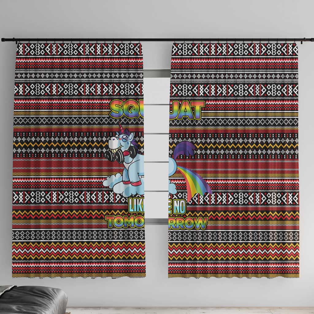 Funny Unicorn Workout Window Curtain with Squat Like No Tomorrow Quote and Rainbow Tribal - Wonder Print Shop