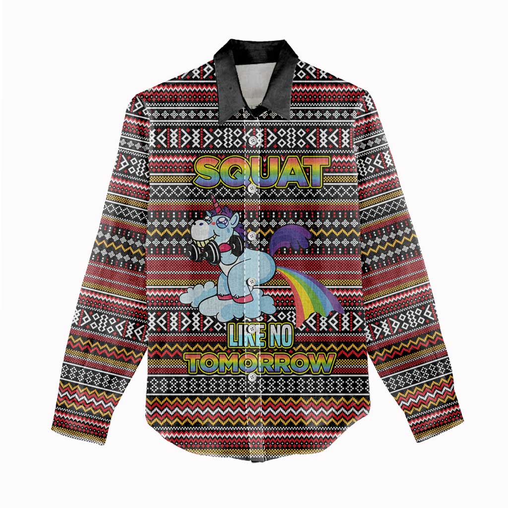 Funny Unicorn Workout Women Casual Shirt with Squat Like No Tomorrow Quote and Rainbow Tribal - Wonder Print Shop