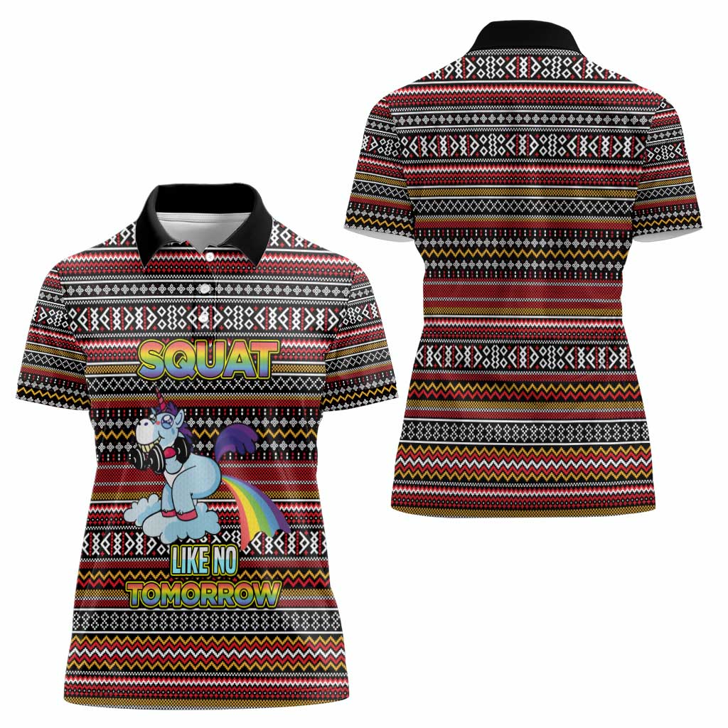 Funny Unicorn Workout Women Polo Shirt with Squat Like No Tomorrow Quote and Rainbow Tribal - Wonder Print Shop