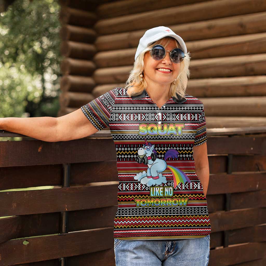 Funny Unicorn Workout Women Polo Shirt with Squat Like No Tomorrow Quote and Rainbow Tribal - Wonder Print Shop