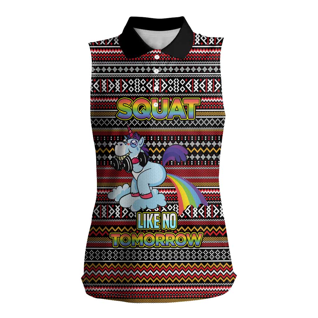 Funny Unicorn Workout Women Sleeveless Polo Shirt with Squat Like No Tomorrow Quote and Rainbow Tribal - Wonder Print Shop