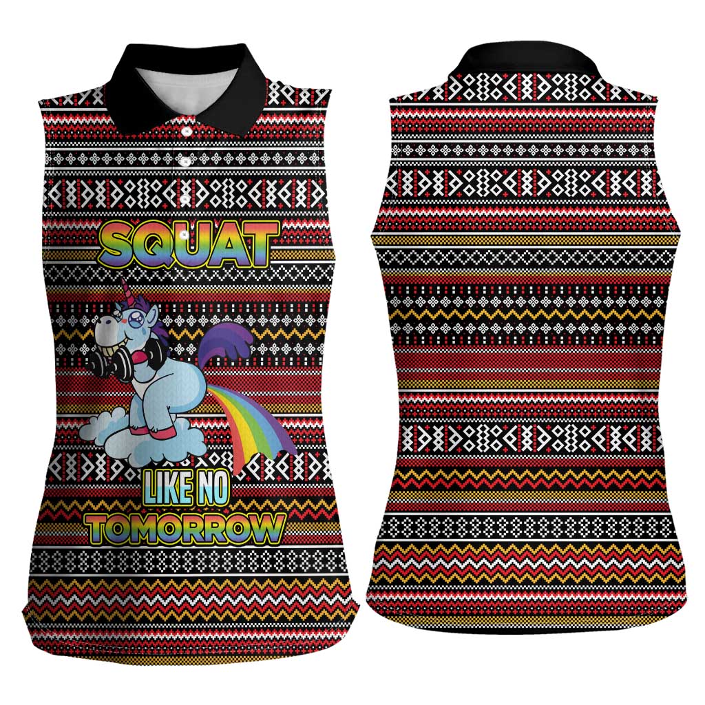 Funny Unicorn Workout Women Sleeveless Polo Shirt with Squat Like No Tomorrow Quote and Rainbow Tribal - Wonder Print Shop