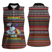 Funny Unicorn Workout Women Sleeveless Polo Shirt with Squat Like No Tomorrow Quote and Rainbow Tribal - Wonder Print Shop