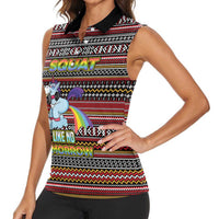 Funny Unicorn Workout Women Sleeveless Polo Shirt with Squat Like No Tomorrow Quote and Rainbow Tribal - Wonder Print Shop