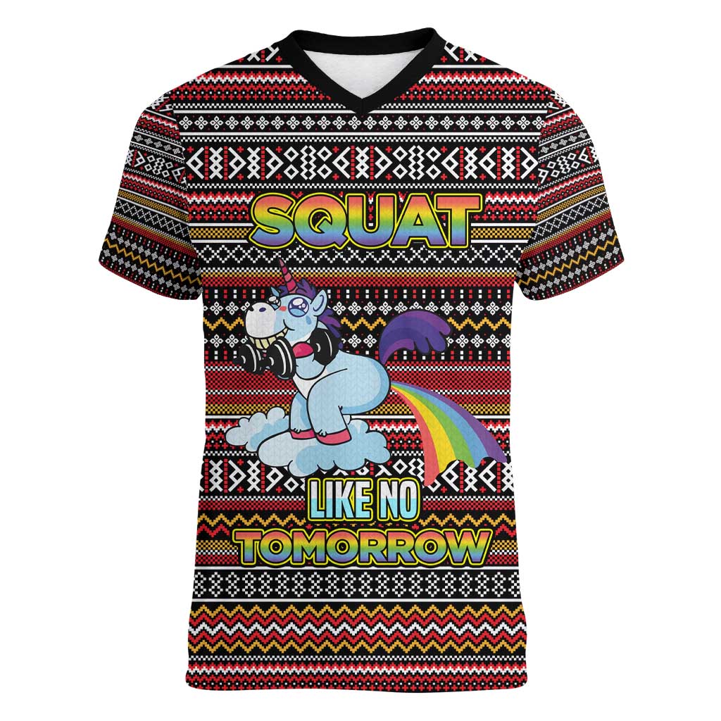Funny Unicorn Workout Women V-Neck T-Shirt with Squat Like No Tomorrow Quote and Rainbow Tribal - Wonder Print Shop