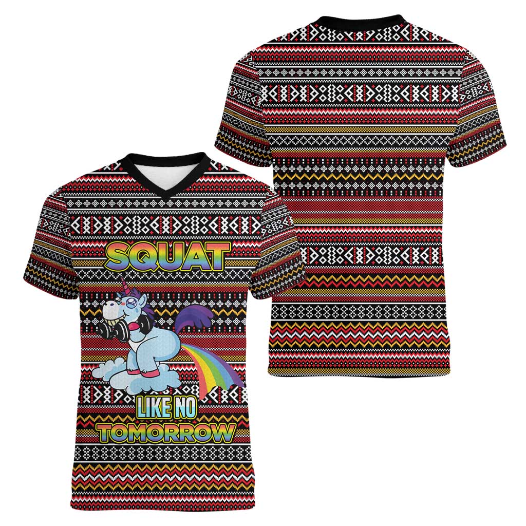 Funny Unicorn Workout Women V-Neck T-Shirt with Squat Like No Tomorrow Quote and Rainbow Tribal - Wonder Print Shop