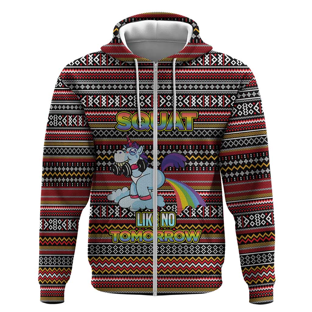 Funny Unicorn Workout Zip Hoodie with Squat Like No Tomorrow Quote and Rainbow Tribal - Wonder Print Shop