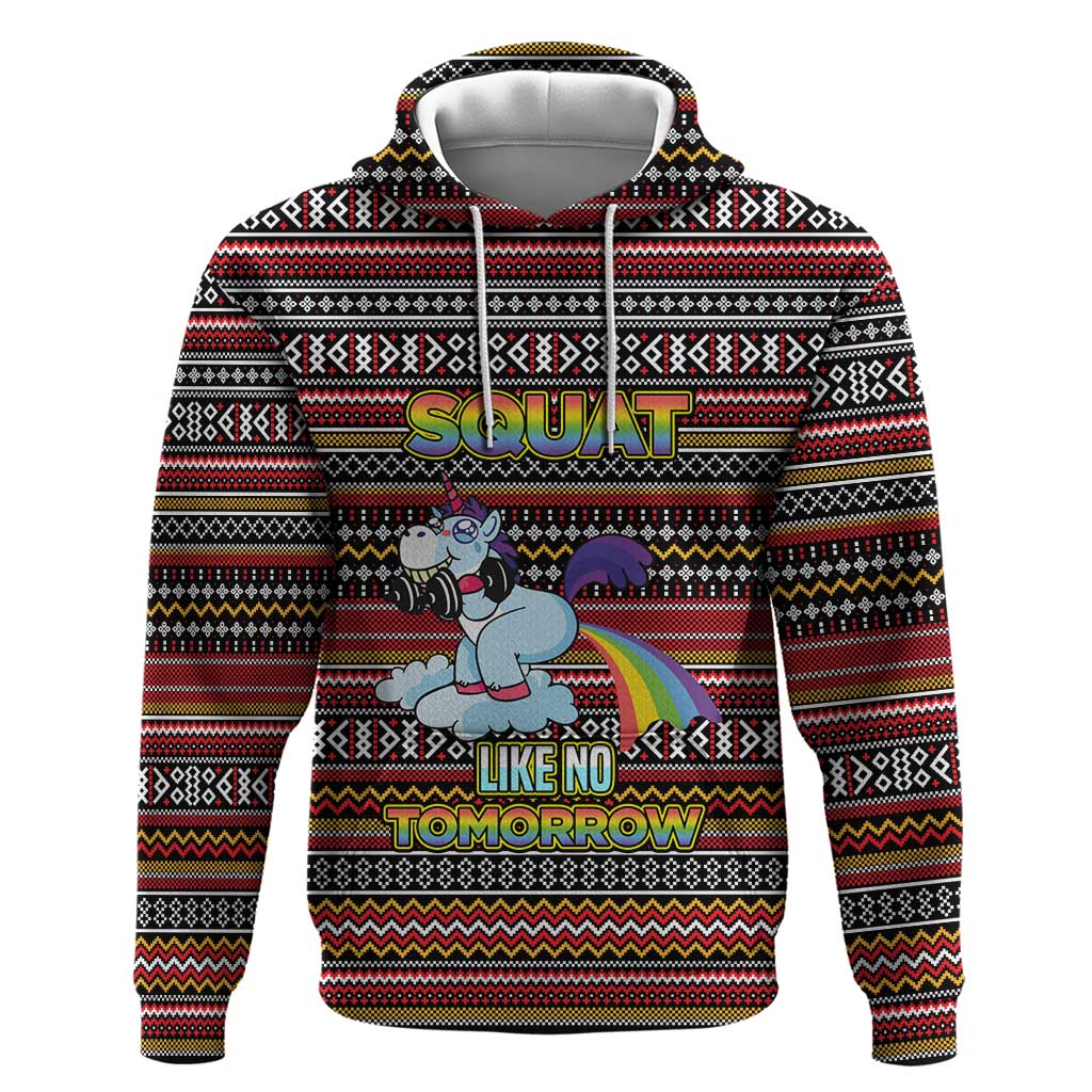 Funny Unicorn Workout Zip Hoodie with Squat Like No Tomorrow Quote and Rainbow Tribal - Wonder Print Shop