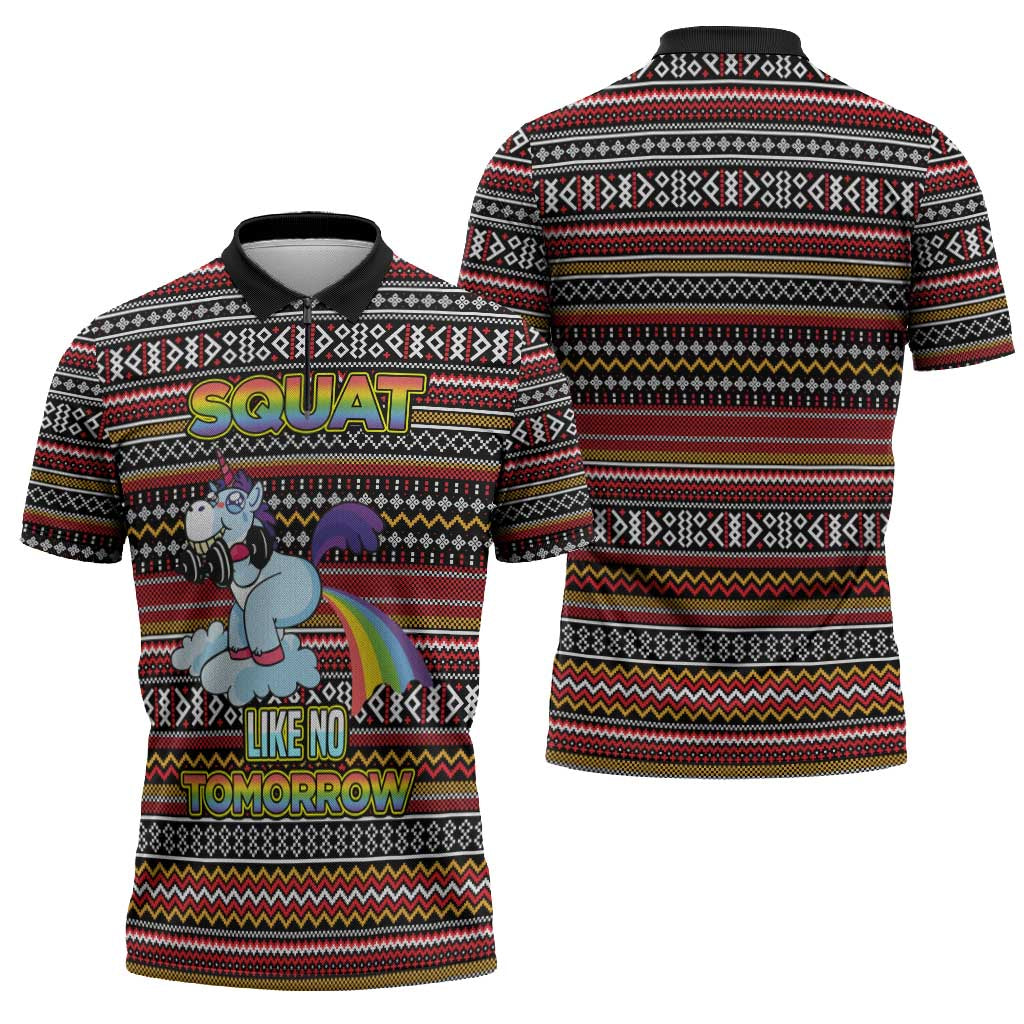 Funny Unicorn Workout Zipper Polo Shirt with Squat Like No Tomorrow Quote and Rainbow Tribal - Wonder Print Shop