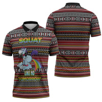 Funny Unicorn Workout Zipper Polo Shirt with Squat Like No Tomorrow Quote and Rainbow Tribal - Wonder Print Shop