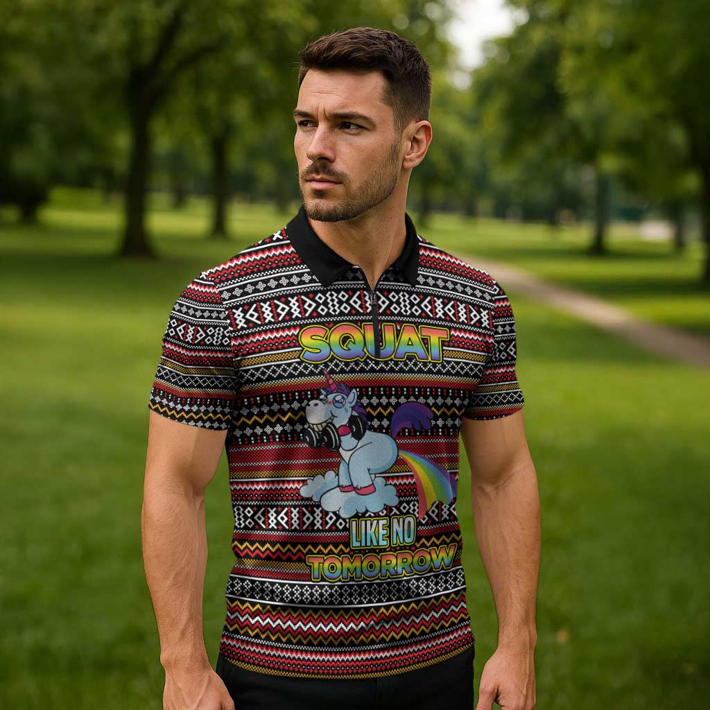 Funny Unicorn Workout Zipper Polo Shirt with Squat Like No Tomorrow Quote and Rainbow Tribal - Wonder Print Shop