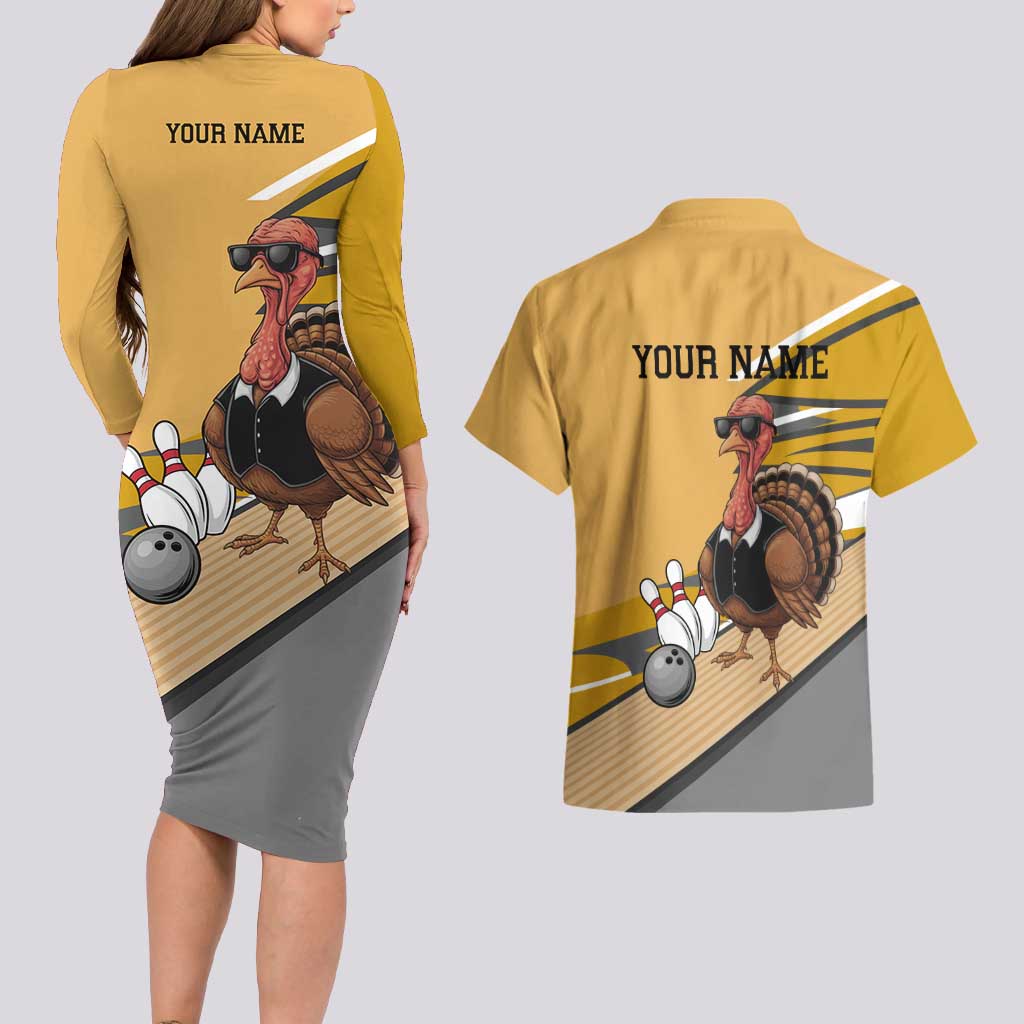 Personalized Cool Turkey Bowling Couples Matching Long Sleeve Bodycon Dress and Hawaiian Shirt with Sunglasses Pins - Wonder Print Shop