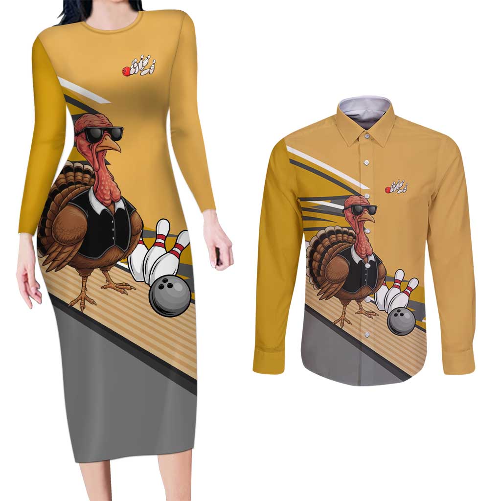 Personalized Cool Turkey Bowling Couples Matching Long Sleeve Bodycon Dress and Long Sleeve Button Shirt with Sunglasses Pins - Wonder Print Shop