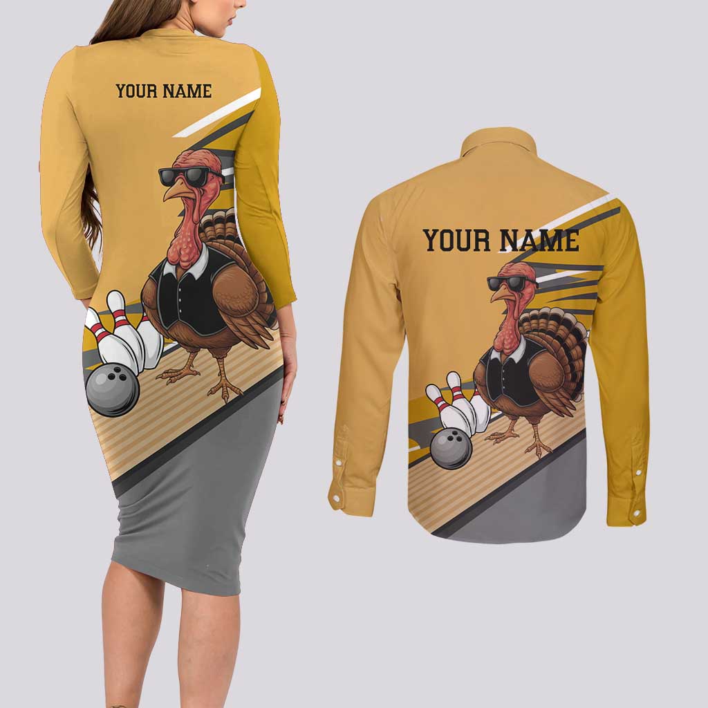 Personalized Cool Turkey Bowling Couples Matching Long Sleeve Bodycon Dress and Long Sleeve Button Shirt with Sunglasses Pins - Wonder Print Shop