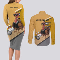 Personalized Cool Turkey Bowling Couples Matching Long Sleeve Bodycon Dress and Long Sleeve Button Shirt with Sunglasses Pins - Wonder Print Shop