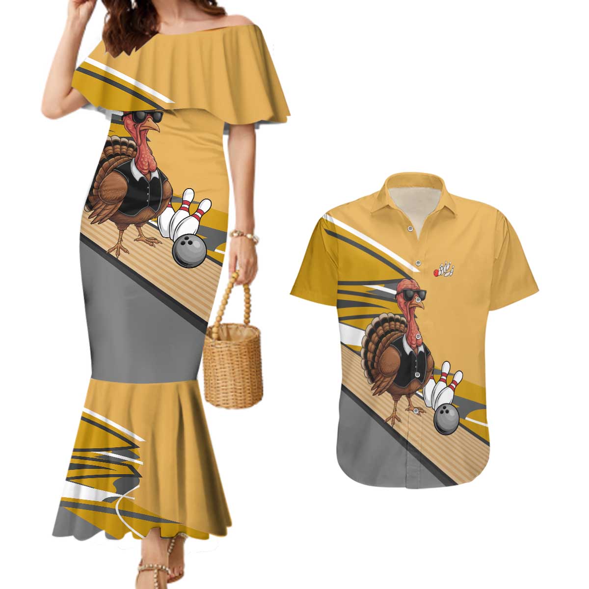 Personalized Cool Turkey Bowling Couples Matching Mermaid Dress and Hawaiian Shirt with Sunglasses Pins - Wonder Print Shop