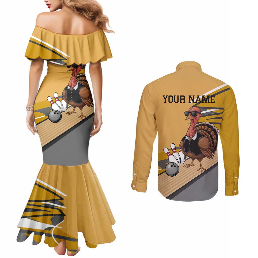 Personalized Cool Turkey Bowling Couples Matching Mermaid Dress and Long Sleeve Button Shirt with Sunglasses Pins - Wonder Print Shop