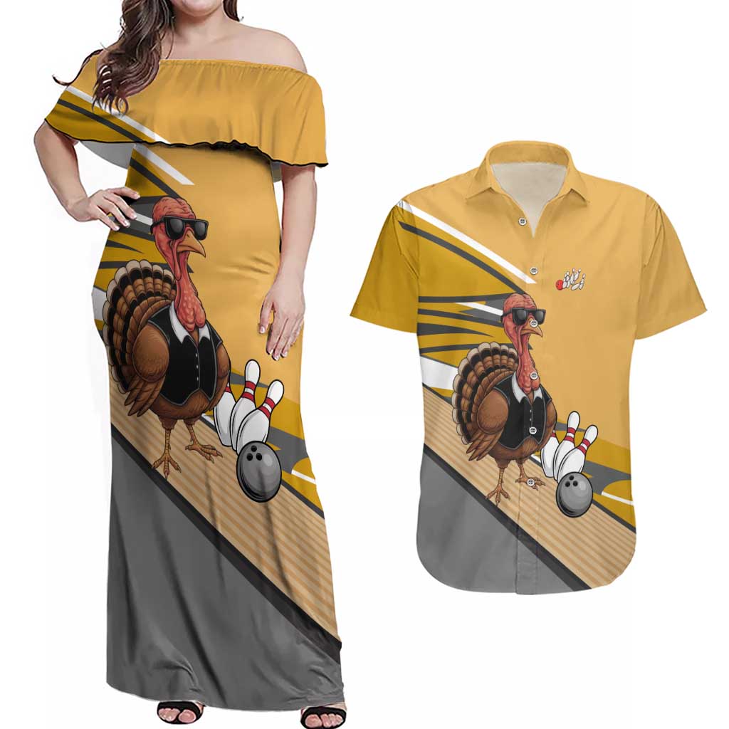 Personalized Cool Turkey Bowling Couples Matching Off Shoulder Maxi Dress and Hawaiian Shirt with Sunglasses Pins - Wonder Print Shop