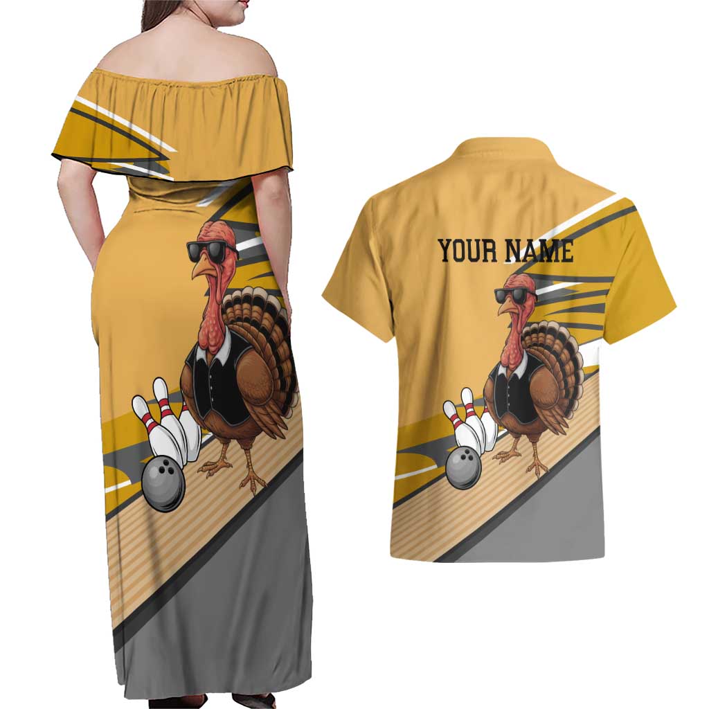 Personalized Cool Turkey Bowling Couples Matching Off Shoulder Maxi Dress and Hawaiian Shirt with Sunglasses Pins - Wonder Print Shop