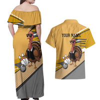 Personalized Cool Turkey Bowling Couples Matching Off Shoulder Maxi Dress and Hawaiian Shirt with Sunglasses Pins - Wonder Print Shop