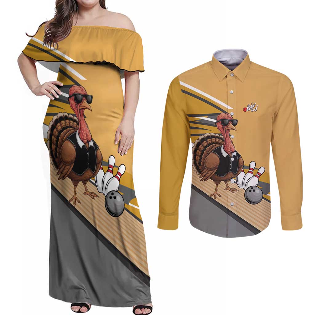 Personalized Cool Turkey Bowling Couples Matching Off Shoulder Maxi Dress and Long Sleeve Button Shirt with Sunglasses Pins - Wonder Print Shop