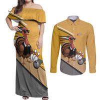 Personalized Cool Turkey Bowling Couples Matching Off Shoulder Maxi Dress and Long Sleeve Button Shirt with Sunglasses Pins - Wonder Print Shop