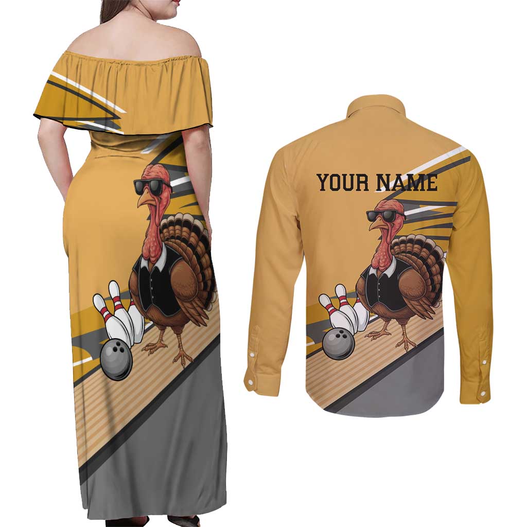 Personalized Cool Turkey Bowling Couples Matching Off Shoulder Maxi Dress and Long Sleeve Button Shirt with Sunglasses Pins - Wonder Print Shop