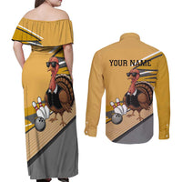 Personalized Cool Turkey Bowling Couples Matching Off Shoulder Maxi Dress and Long Sleeve Button Shirt with Sunglasses Pins - Wonder Print Shop