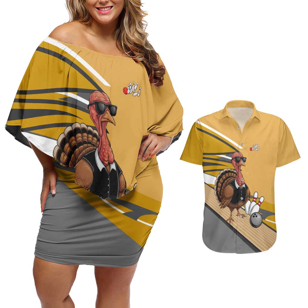 Personalized Cool Turkey Bowling Couples Matching Off Shoulder Short Dress and Hawaiian Shirt with Sunglasses Pins - Wonder Print Shop