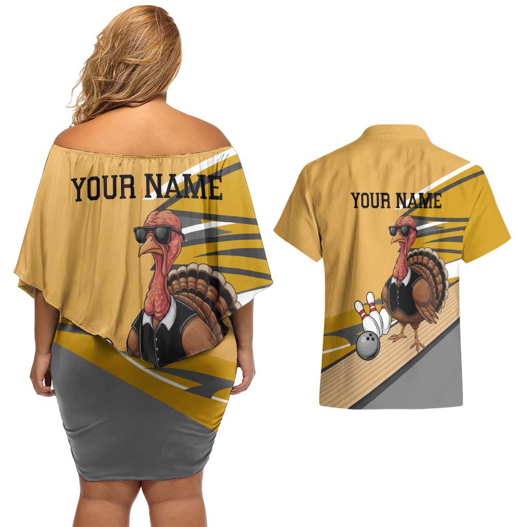 Personalized Cool Turkey Bowling Couples Matching Off Shoulder Short Dress and Hawaiian Shirt with Sunglasses Pins - Wonder Print Shop
